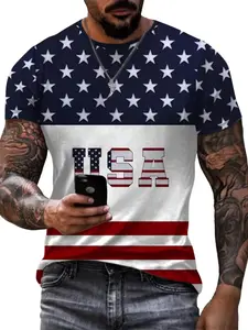 Men's Simple Design Patriotic American Flag 3D Printed T-Shirt, Classic Casual Short Sleeve Top, Comfortable Fitted Washable Tee