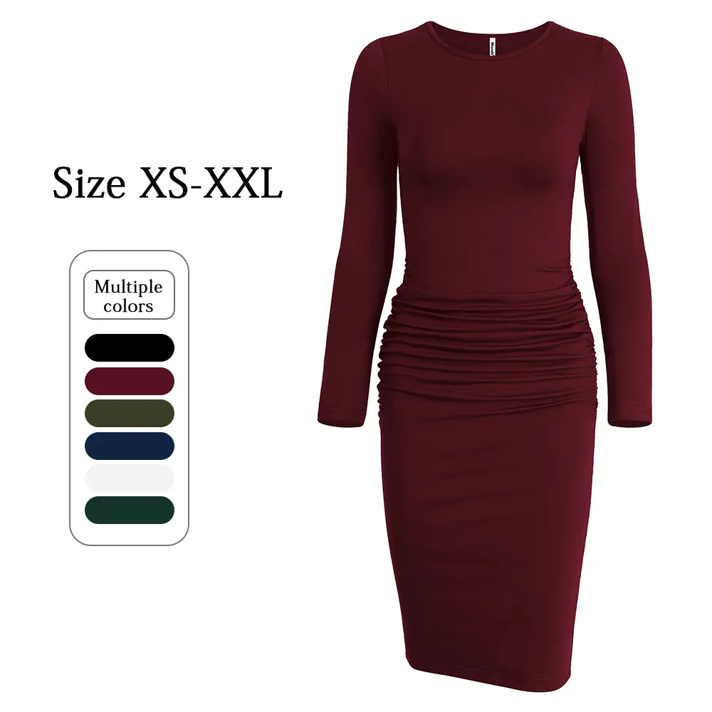 Women's Minimalist Cotton Long-Sleeve Ruched Bodycon Sheath Dress - Knee-Length, Comfortable Basic Casual Wear