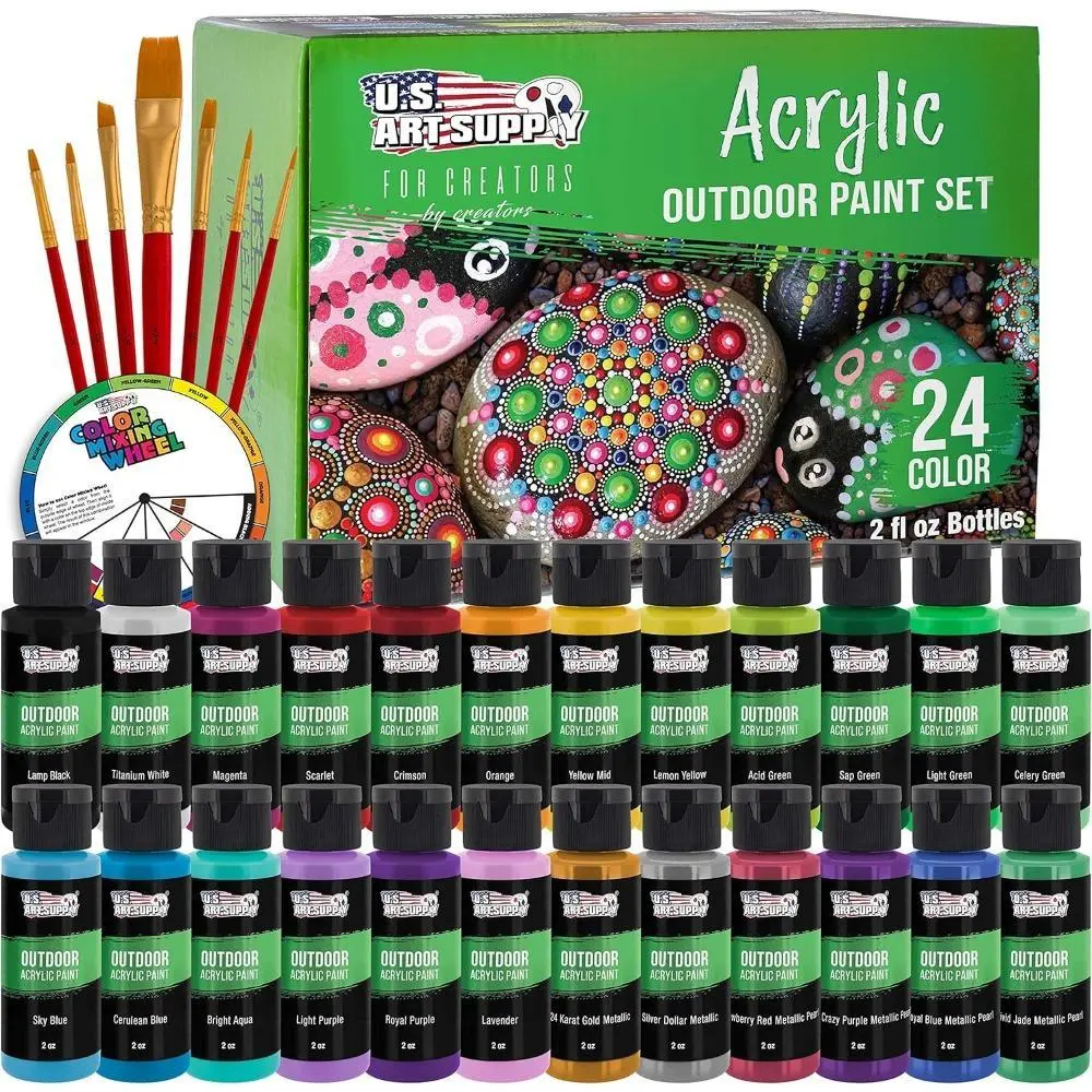 Outdoor Craft Water-Based Acrylic Paint Set, 24 High-Pigment Vivid Colors (2oz) for Adults - Non-Toxic Kit for Rocks, Wood, Canvas, Includes 7 Premium Brushes & Color Mixing Wheel, Outdoor Craft Paint, Water-Based Paints