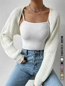Women's Solid Raglan Sleeve Crop Cardigan Without Camisole, Casual Long Sleeve Knitwear for Spring & Fall, Women's Clothing for Daily Wear Everyday Tops