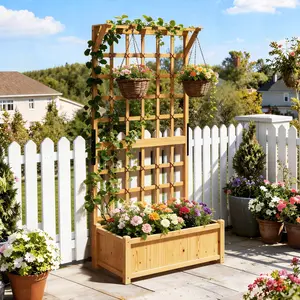 Aoxun 36" Wooden Planter with Trellis, Raised Garden Bed for Climbing Plants, Outdoor Trough Planter Box for Patio Yard