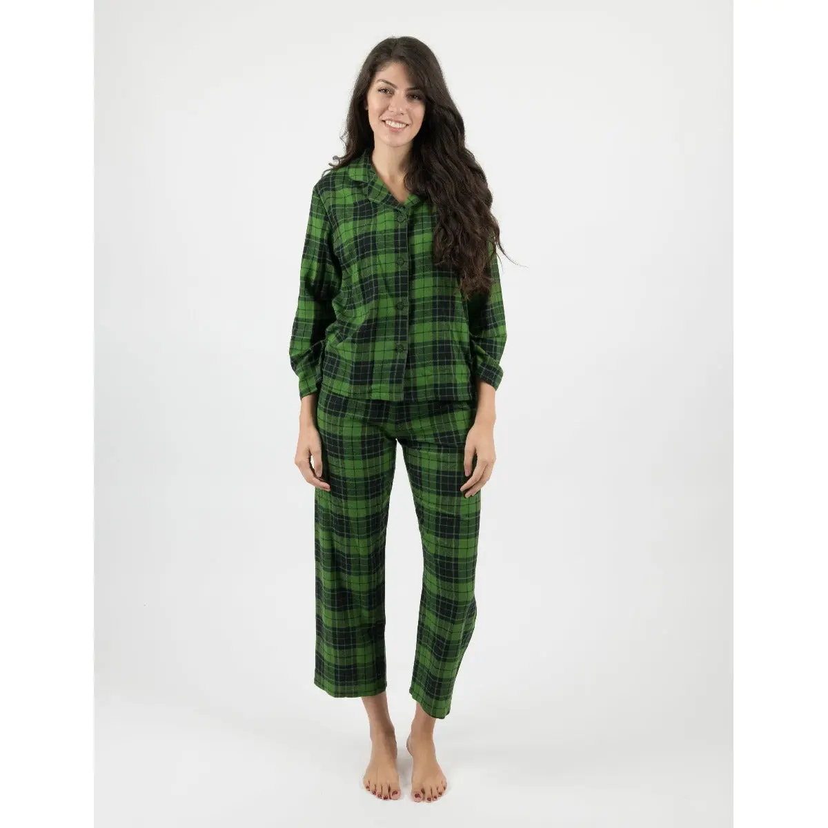 Womens 2pc Long Sleeve Button-Front Plaid Flannel Pajamas