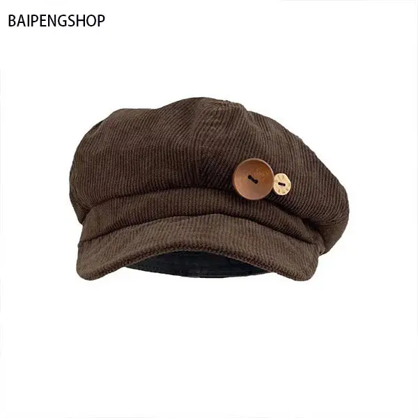 Hats for Women: Japanese Style Vintage Octagonal Beret in Soft Flannel, Lightweight Button-Top Design for Casual Daily Wear, Fall Fashion Apparel, Travel