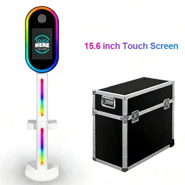 GO360BOOTH Portable Metal Adjustable DSLR Photo Booth Selfie Machine with 15.6'' Oval Display, RGB Lighting, Creative Customization, Printer Ready, Light Case for Camera Printer Rental
