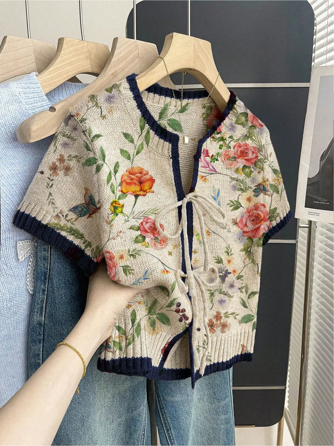 Women's khaki bohemian vacation short-sleeve knit top. Loose round neck, contrast floral print, front tie and contrast piping. Comfortable for spring & summer casual wear. Womenswear