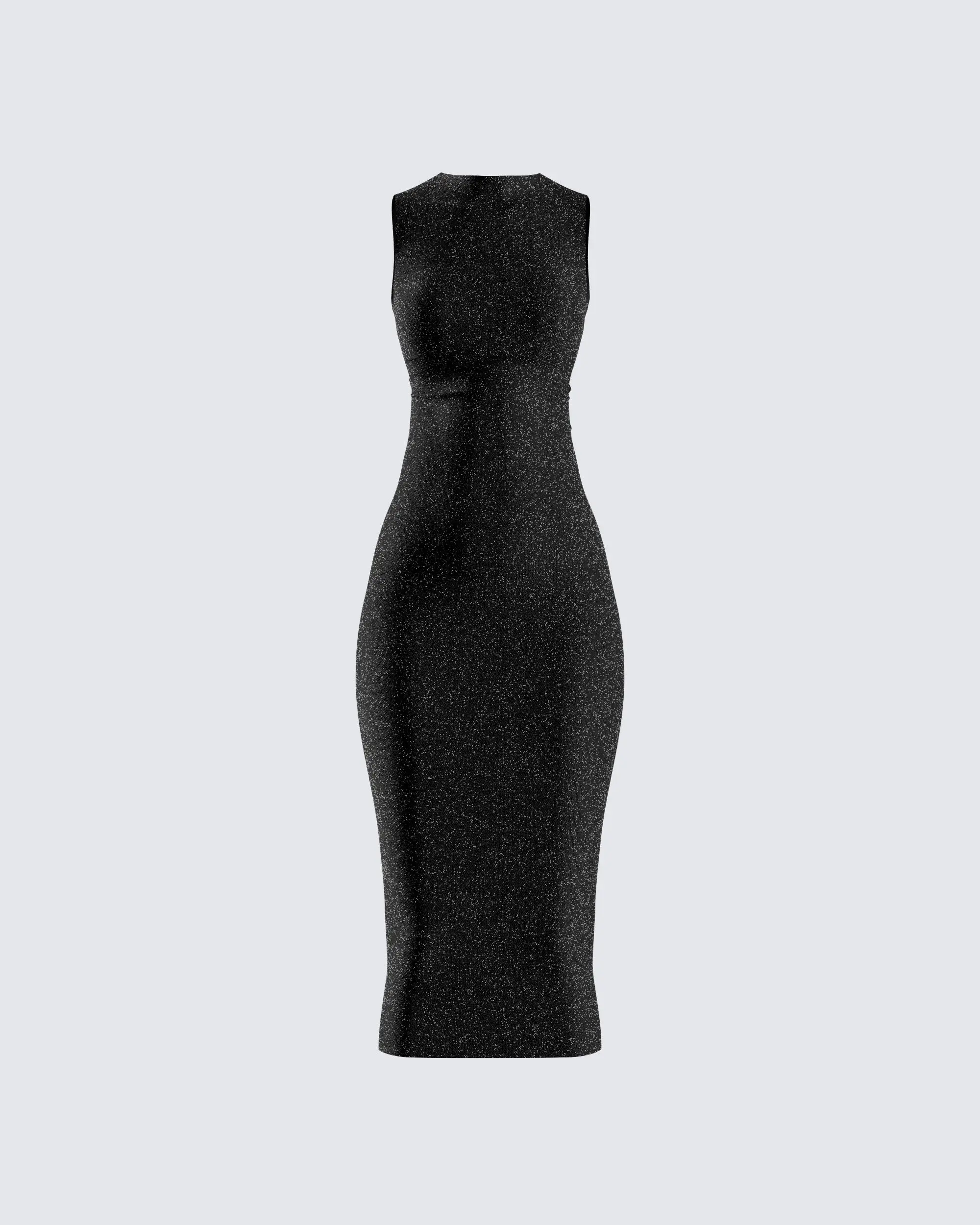 Women's Black Shimmer Bodycon Midi Dress, Sleeveless High Neck Futuristic Metallic Party and Casual Wear, Futuristic Metallic Casual Dresses, Bodycon Fit, Round Neck, Black Aesthetic Casual Dresses, Dark Feminine Casual Dresses