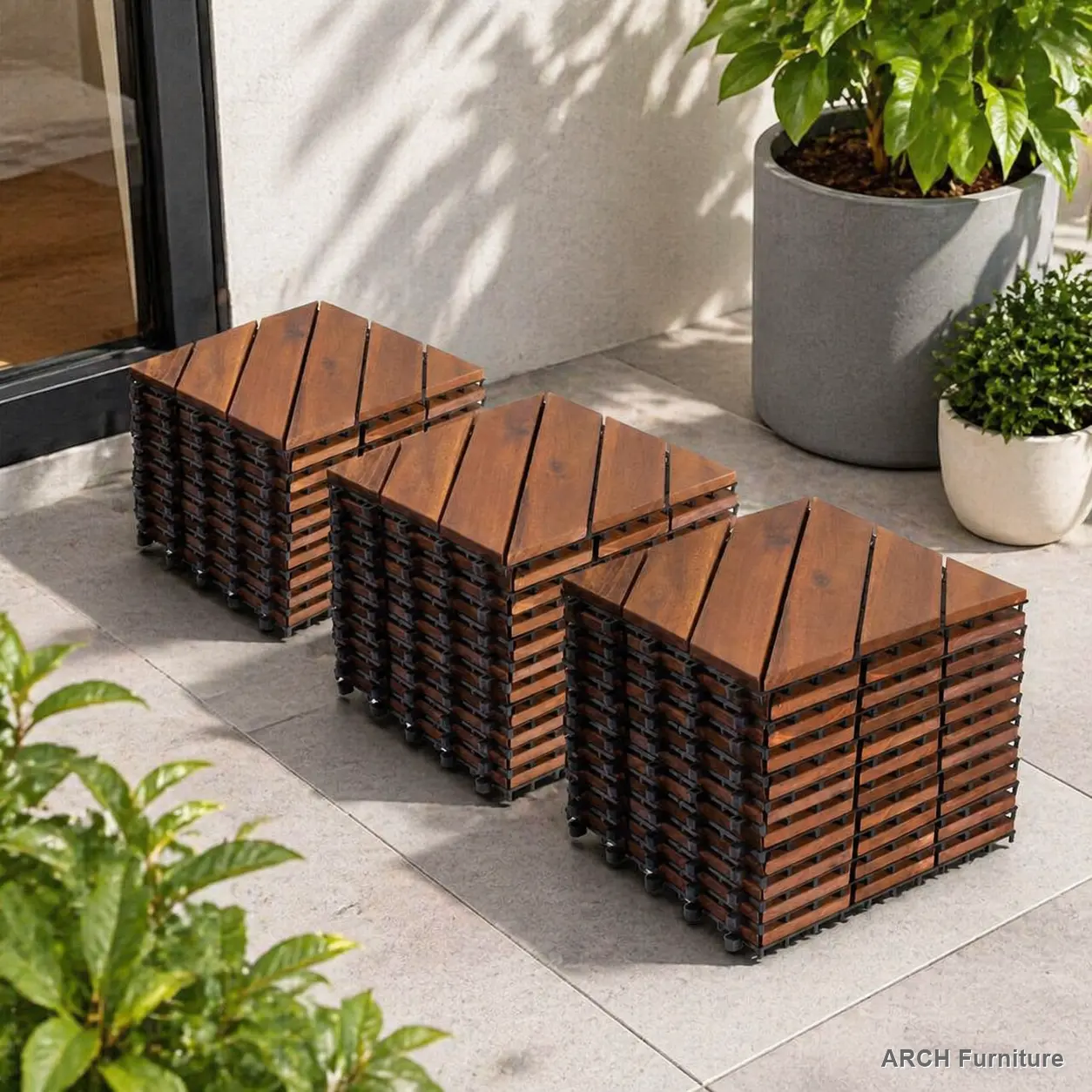 27-Piece Interlocking Acacia Wood Tile Panel Click-Parquet, 12"x12" Diagonal Patterned Panels, Waterproof All-Weather Outdoor Flooring, Easy Snap-Together Installation, Natural Finish for Patio, Backyard, Patterned Panels Click-Parquet