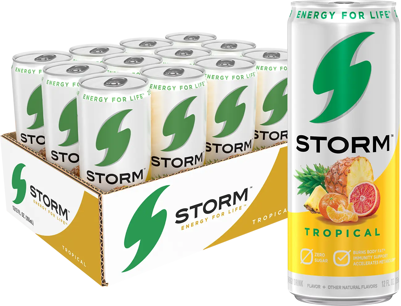 STORM Tropical Sugar-Free Energy Drink - Vitamin C Infused, Gluten-Free Fitness Beverage for Adults, Energy Boost, 12-Pack 12oz Cans