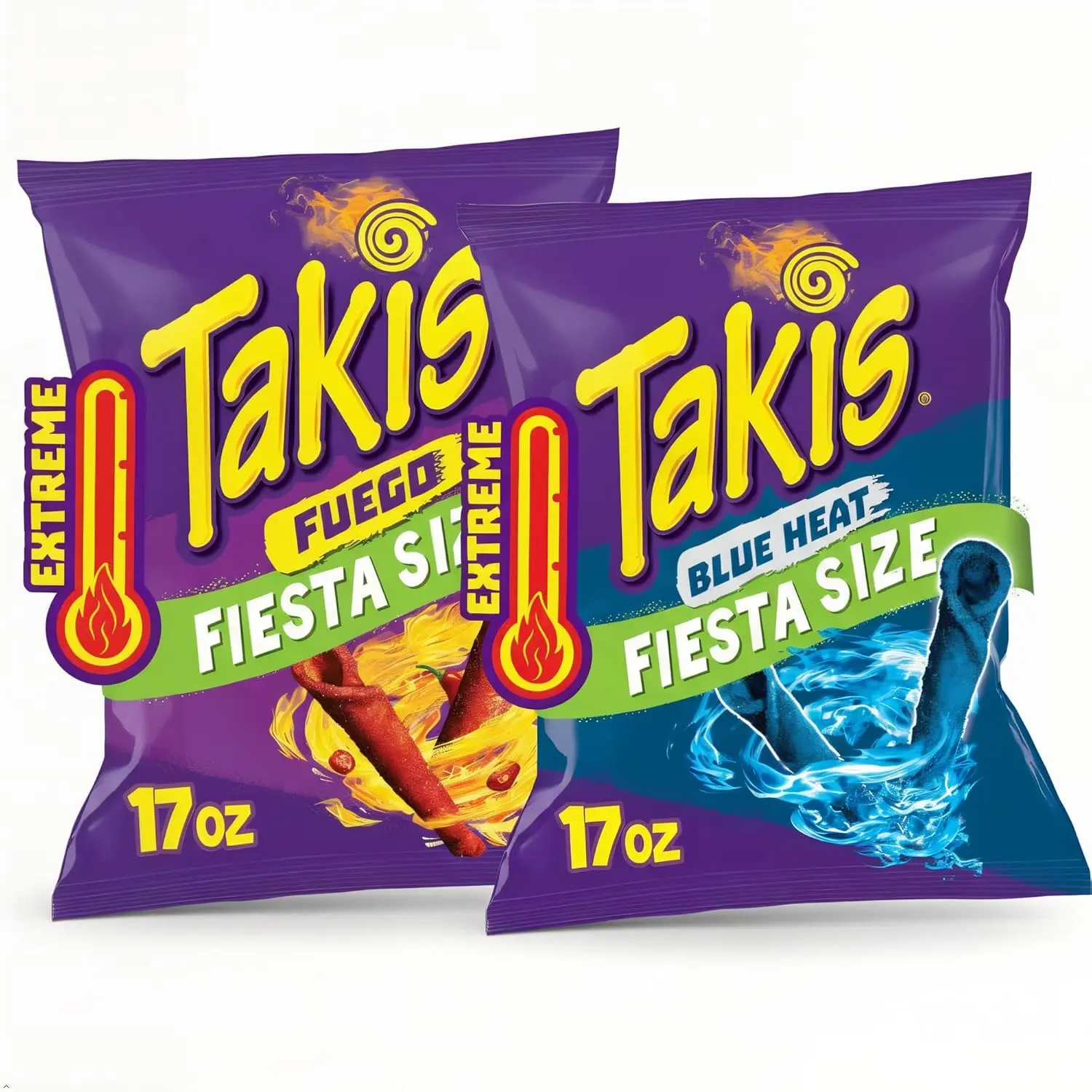 Takis Fuego & Blue Heat Fiesta Size Bundle 17 oz Bags, Rolled Tortilla Chips Variety Pack, Chili Pepper & Blue Corn Snack Duo, Family Size