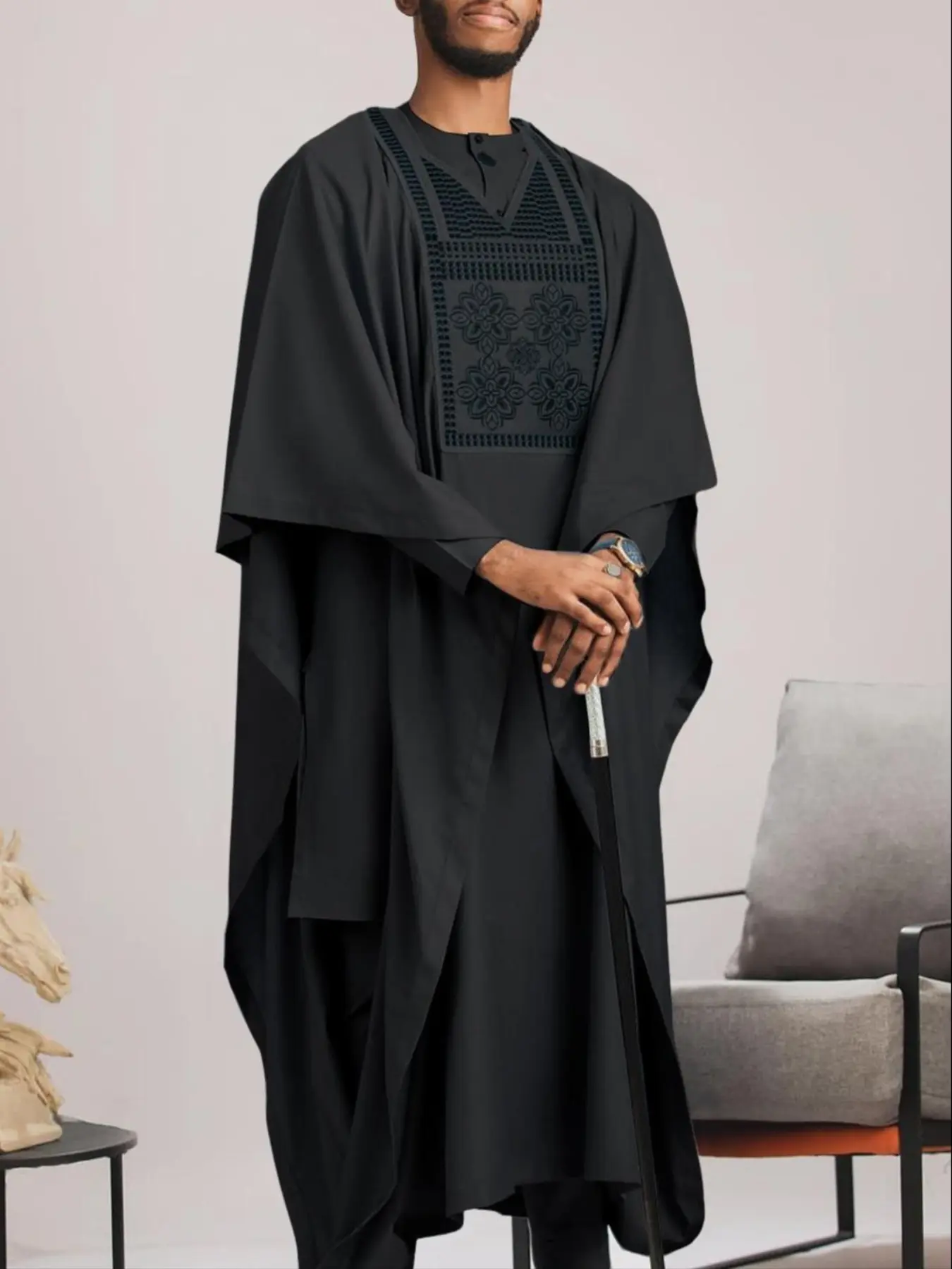 Men's Traditional Agbada Dashiki Set, Loose-Fit Baggy Embroidered Shirt and Pants, All-Season Woven Fabric, Perfect for Weddings and Parties
