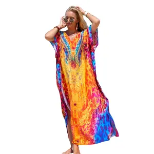 Plus Size Mumu Dresses for Women - Boho Batwing Sleeve Caftan with Side Slits, Long Moo Moo Nightgown & Beach Cover Up