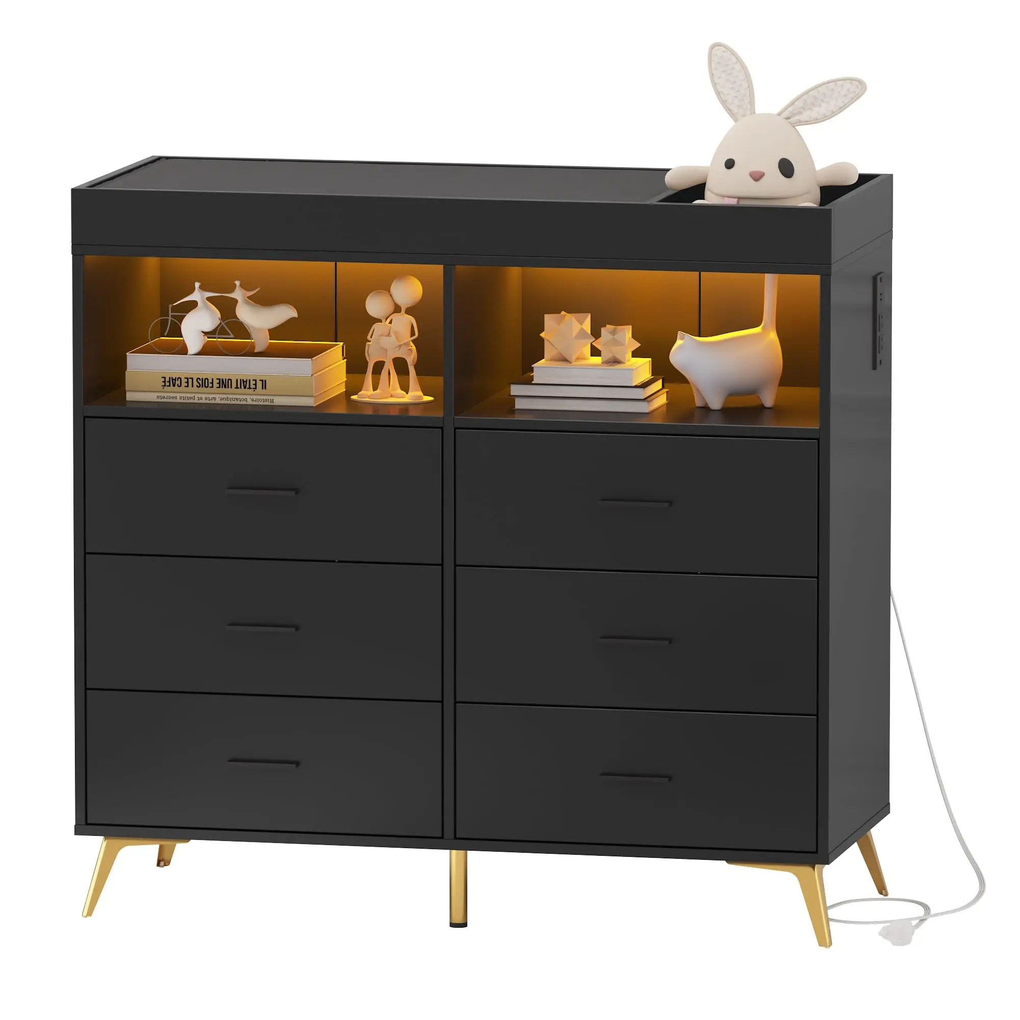 Garvee Modern 6-Drawer Nursery Storage Dresser - Drawers Cabinet with Changing Table Top, LED Light, Storage and Charging Port, Metal Feet, Indoor Cupboards & Cabinets for Baby Bedroom - Black