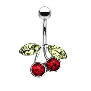 Baby Cherry Belly Ring - Surgical Steel 14 Gauge Hypoallergenic Bar Length 10mm with Red & Green Gemstones