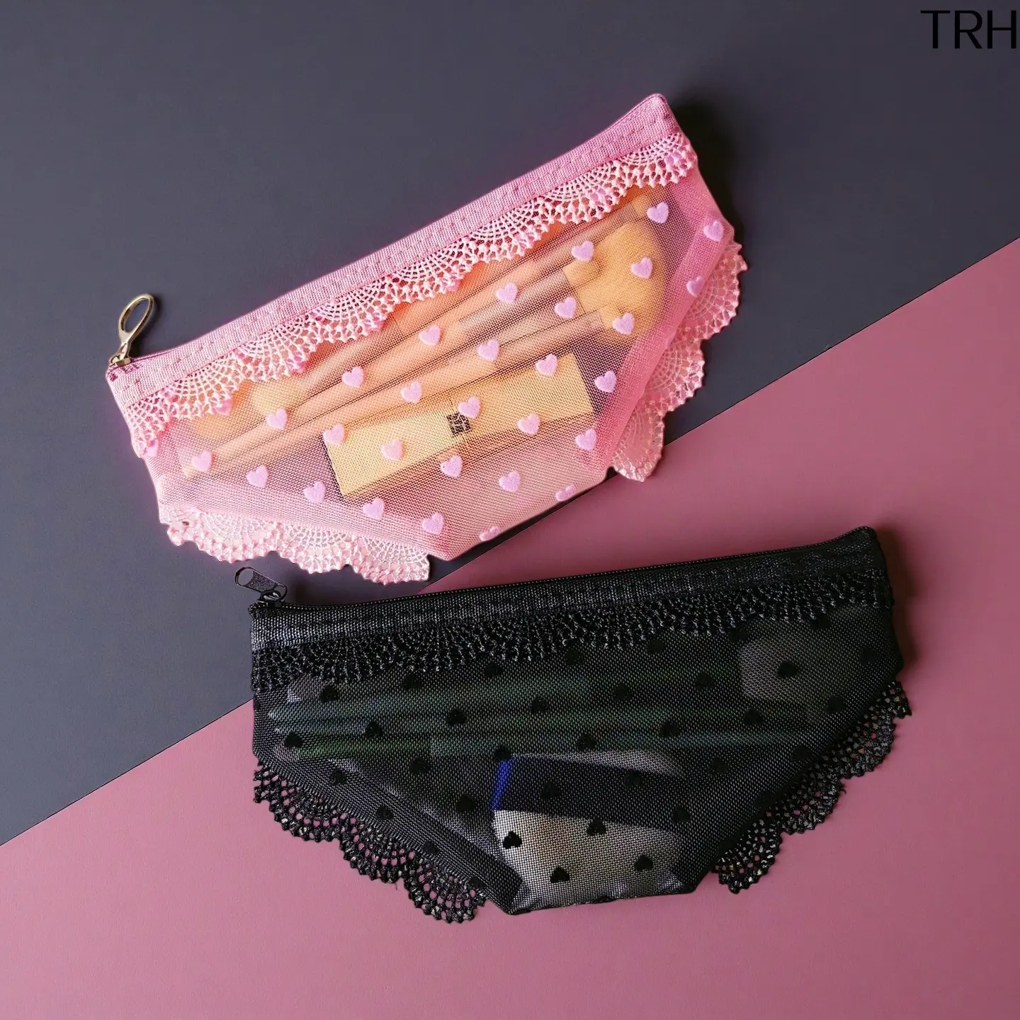 Cute Lace Trim Heart Mesh Zipper Pouch for Women, Clear Triangle Transparent Mini Storage Bag, Portable Ins Aesthetic Travel Makeup Brush & Stationery Organizer