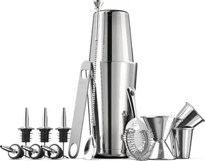 Expert Cocktail Shaker Home Bar Set - 14 Piece Stainless Steel Bar Tools Kit with Shaking Tins, Flat Bottle Opener, Double Bar Jigger, Hawthorne Strainer, Shot Glasses, Bar Spoon, and 6 Pour Spouts.