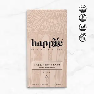 Happie Calm Reishi Mushroom Chocolate Bar For Stress Relief, snack, Organic, Vegan, Gluten Free, Non-GMO, Mental Clarity