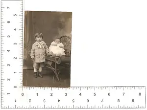 Vintage Black & White Real Photo Post Card Photograph of a Young Boy and Baby -