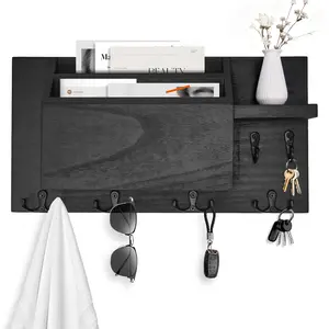 Mail Holder for Wall Mail Organizer , Key Holder with Shelf Includes Letter Holder and Hooks for Coats , Dog Leashes ,  Hallway Farmhouse Decor Letter Sorter Made of Rustic Wood with Floating Shelf