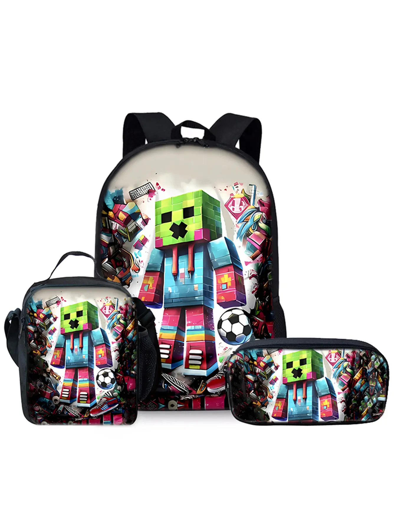Cartoon building block pattern printed 17-inch Cute Backpack School Backpacks three-piece set (single-layer backpack + shoulder strap lunch bag + single-layer pencil bag) Backpack for school