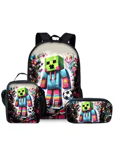 Cartoon building block pattern printed 17-inch Cute Backpack School Backpacks three-piece set (single-layer backpack + shoulder strap lunch bag + single-layer pencil bag) Backpack for school
