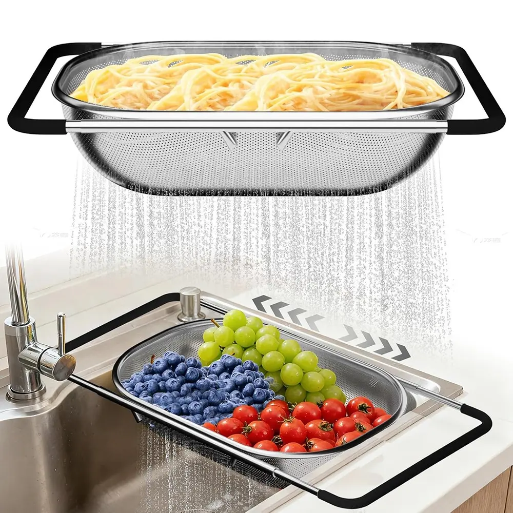 Over the Sink Colander, Vegetable Colander, Sink Strainer Basket, Expandable Fine Mesh Strainer with Rubber Grip for Veggie, Fruits, Pasta, Home Kitchen Essentials, Kitchen Gadgets, Draining, Kitchenware, Strainers and Colanders