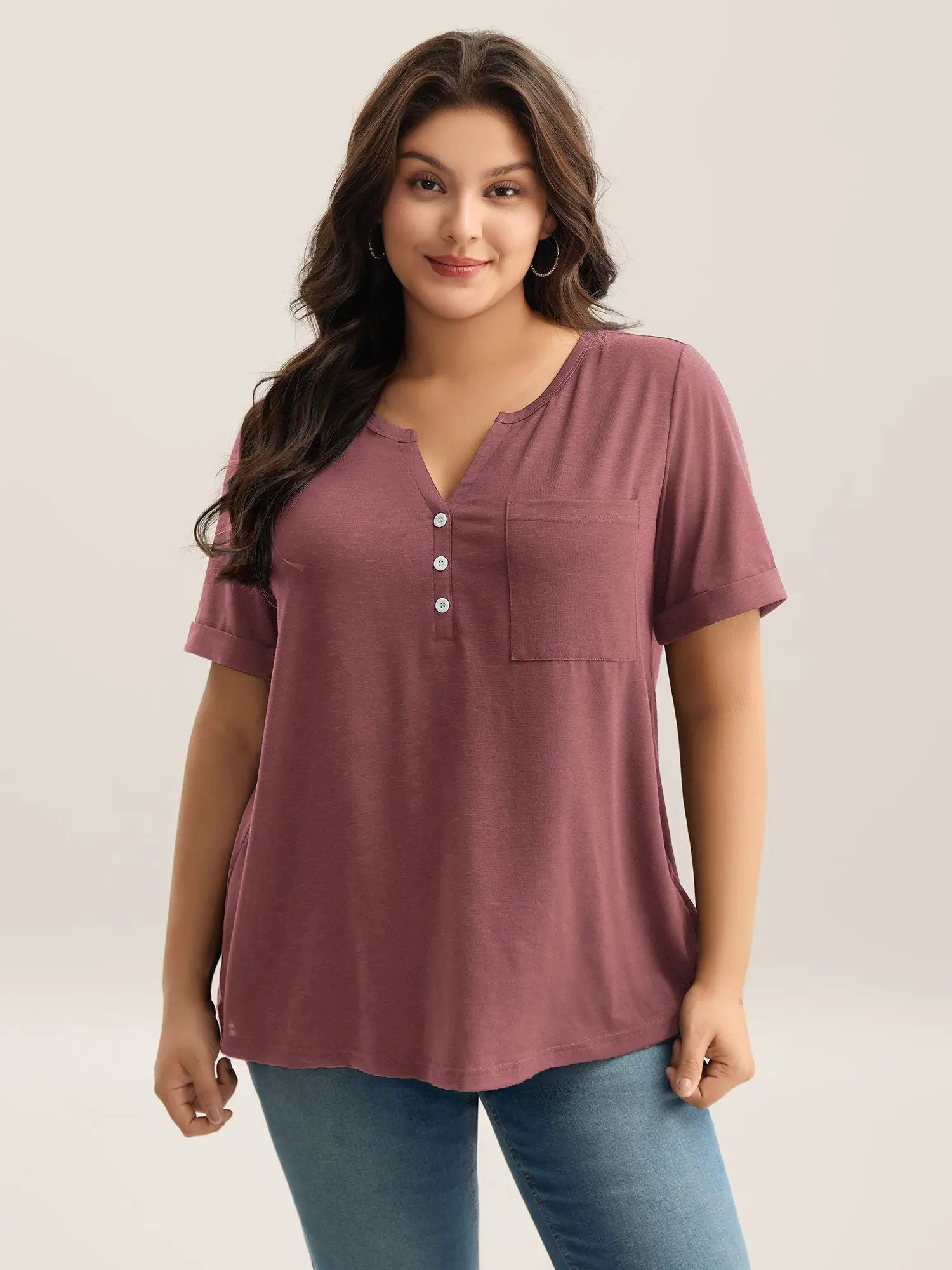 BLOOMCHIC Plus Size Blouse for Women [M-6X] - Short Sleeve V Neck Button Detail Top with Pocket, Relaxed Fit Casual Summer Shirt, Everyday Workwear Pocketed Lady Top, 2026 Summer Casual Basic Summeroutfits,Vacationoutfits,Beachoutfits,Summerfinds