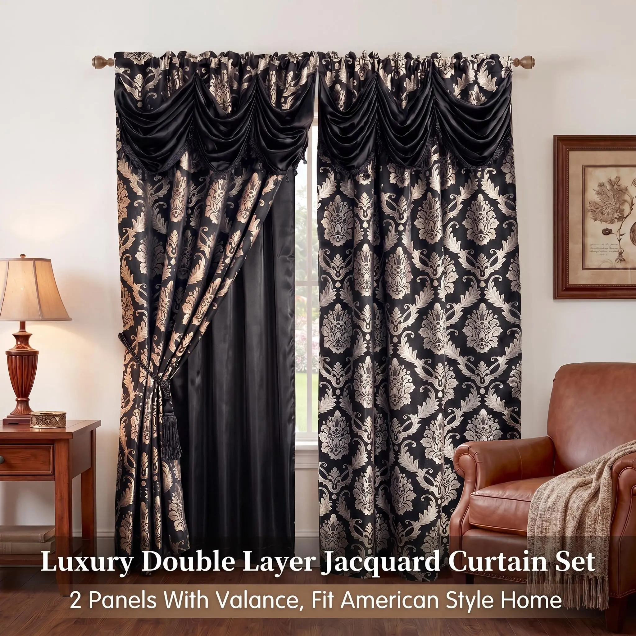 2 Panels 52"x84" Luxury Damask Jacquard Complete Curtain Set, Rod Pocket Double Layer Drapes with Satin Blackout Liner, Attached Swag Waterfall Valance with Fringe Trim, Vintage European Floral Pattern Window Curtains for Mansion Formal Living Room JV1