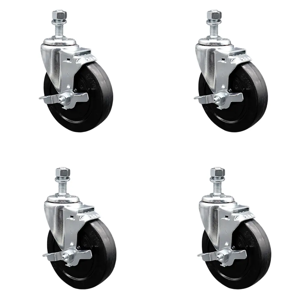 Lockable Furniture Moving Wheels (Set of 4 Heavy-Duty Threaded Casters with Bolt Hole), 212 MAIN SCC-TS20S514-SRS-TLB-M1015 Model, 5x1.25 in Black, 10 mm Stems, Top Lock Brakes, Quiet Ride Material Handling Equipment for Shop Projects (1100 lbs Capacity)