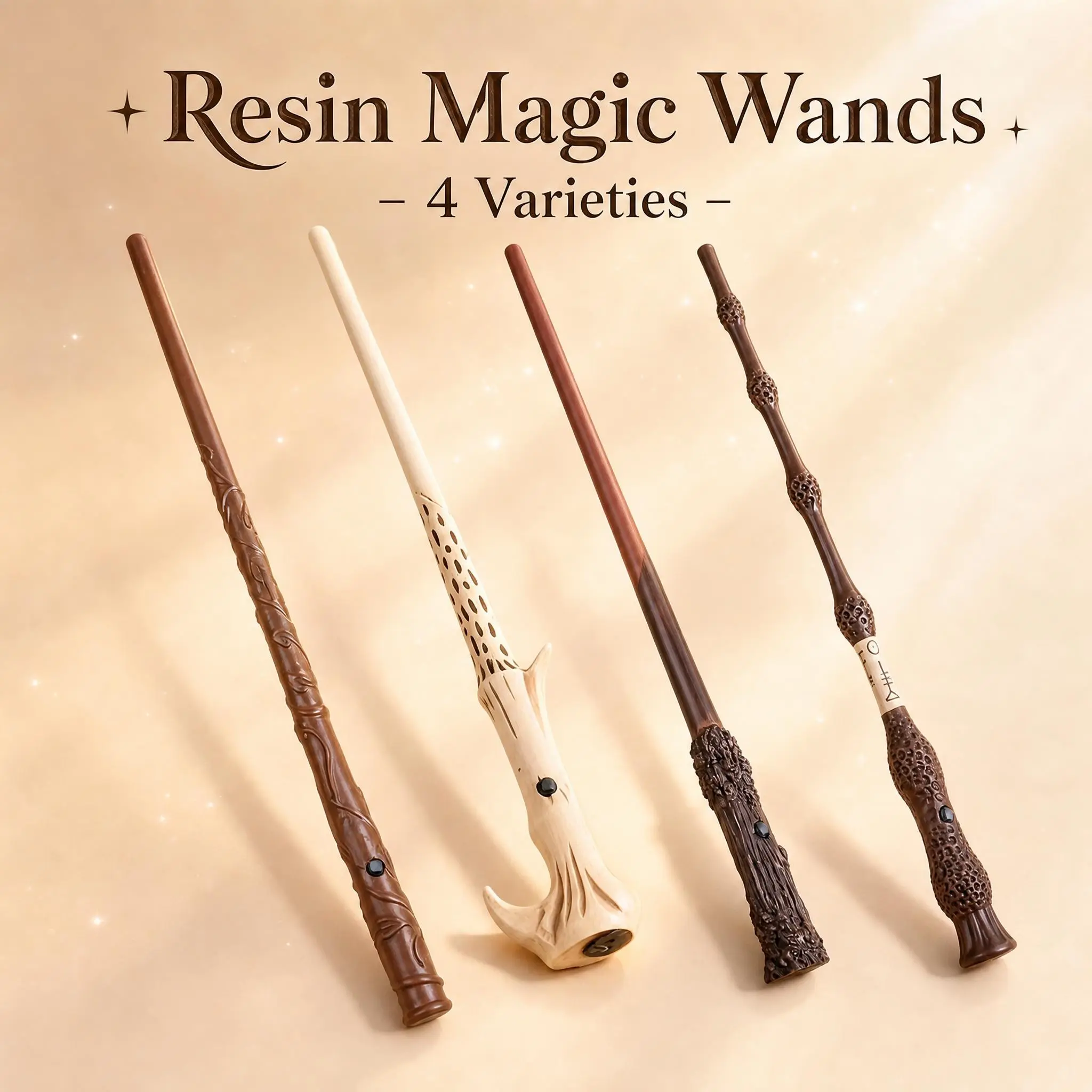 4 Kinds of Wizard Magic Wand Cosplay Prop, Realistic Detail Durable Fantasy Roleplay Toy for Teens & Adults, Ideal for Halloween Party, Hobby Collection & Home Display