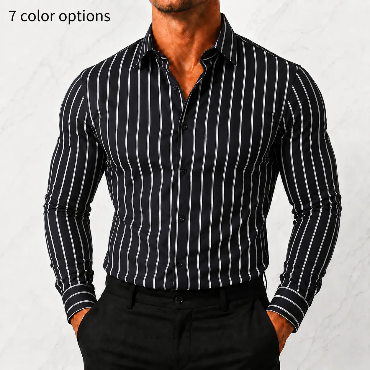 Single pack. Men's striped shirt. Casual everyday breathable long sleeves with a elastic buttoned collar. Men's Jackets Men's Business Long-Sleeve Shirts Men's Tops