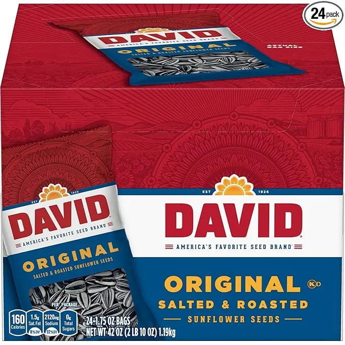 NEW - DAVID Roasted and Salted Sunflower Seeds, Original Flavor, 1.75oz. (Pack of 24) Snack