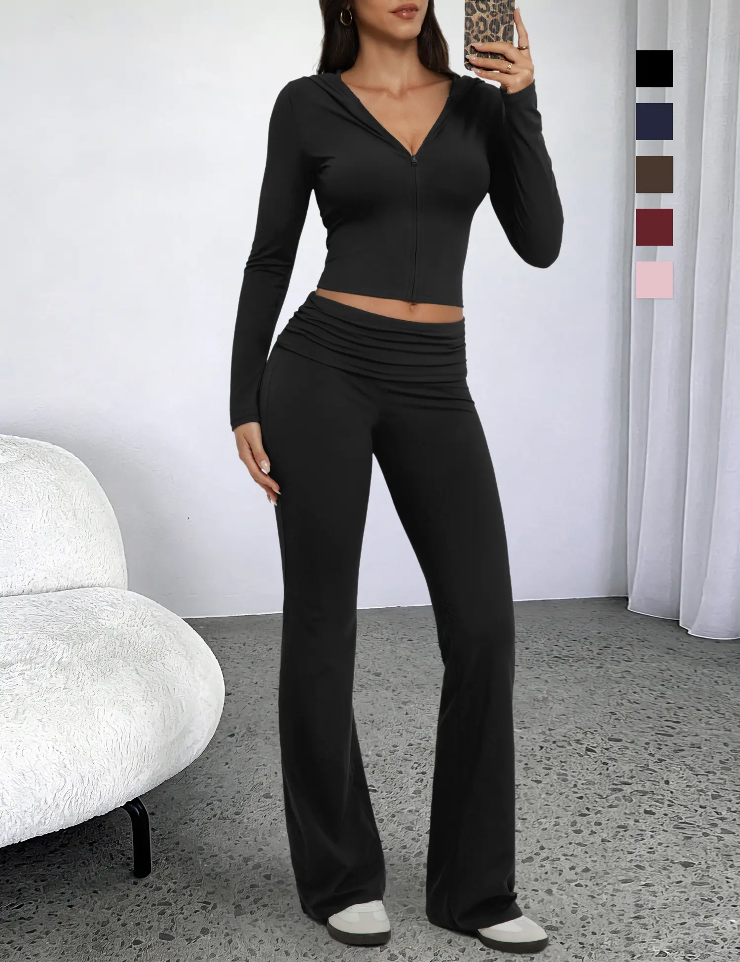 WIETRY Women's 2-Piece Tracksuit Set, Buttery Soft Stretchy Zip-Up Hooded Cropped Jacket, High Waist Ruched Flare Pants, Full Flex Fabric for Gym & Daily Casual Wear / W25