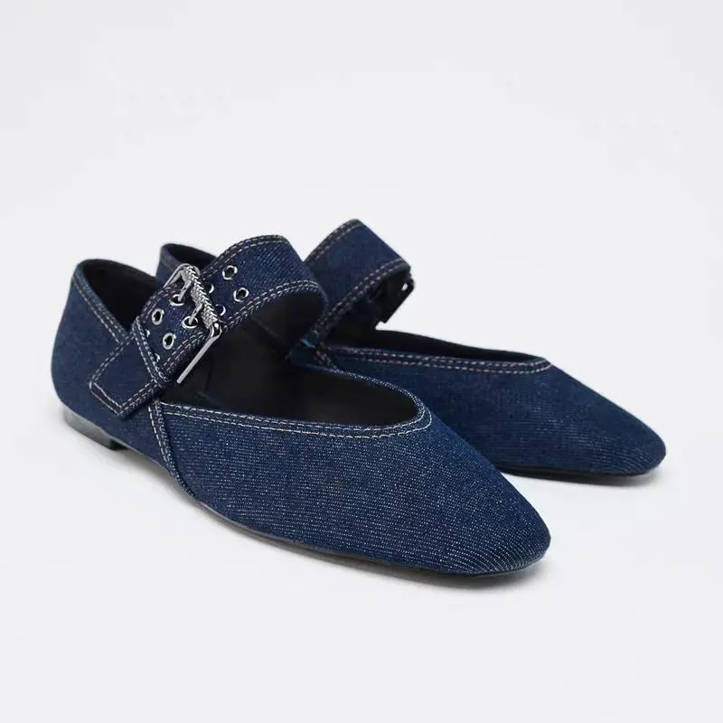 Women's Denim Ballet Flats  | Blue Buckle Strap Ballerina Shoes | Vintage Square Toe Flat Shoes for Spring Summer | Casual Comfortable Walking Flats