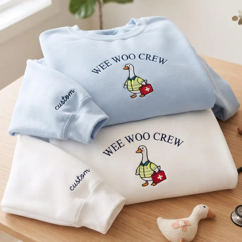 Embroidered Wee Woo Crew Sweatshirt, Funny Paramedic EMS Pullover, First Responder Medical Tech Top