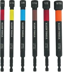 Klein Tools 32930 SAE Magnetic Impact Nut Setter Set, 6-Piece Color Coded Power Nut Setter, Extended Reach Nut Driver Bit Set with 6 SAE Sizes