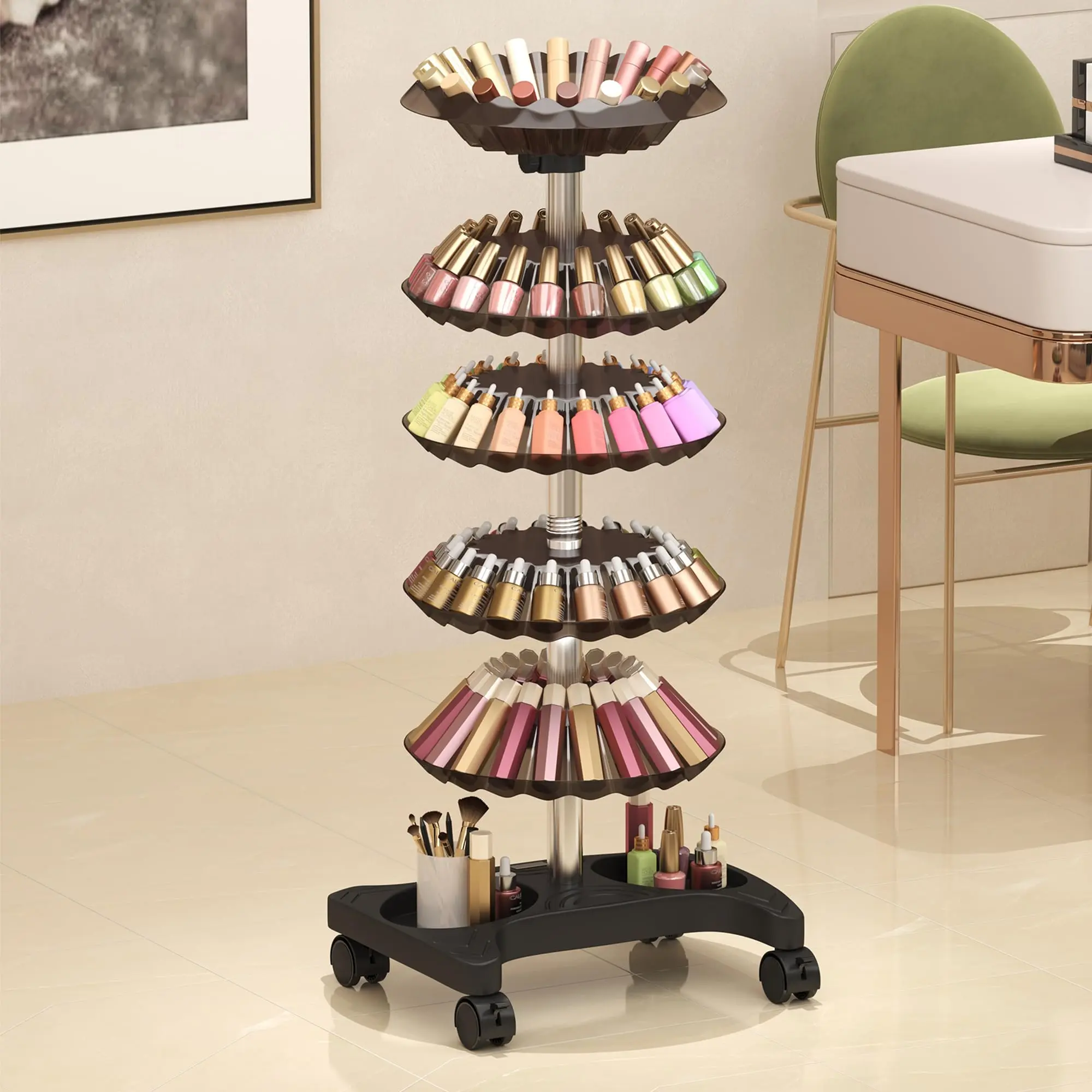 5 Layer Makeup Storage Rack, Large Capacity Adjustable Tray Display Rolling Rack, Makeup Organizer for Salon, Nail Salon, Spa, Business, Home Use
