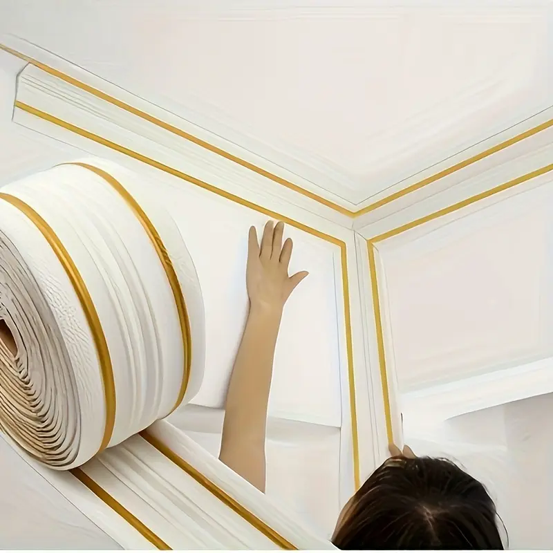 Self-Adhesive Removable XPE Foam Wallpaper Trim Sticker - 3D Decoration Corner-Hug Molding, 1 Roll (362.2in x 5.51in/920cm x14cm), Waterproof Anti-Collision Ceiling Wall Decal, Durable DIY Quick Renovation Easy Install-Clean White+Blue Line Border, 920X14