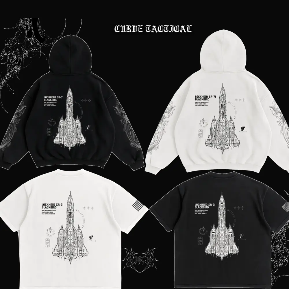 Curve Tactical Lockheed SR-71 Blackbird Graphic Hoodie | Reconnaissance Jet Streetwear Pullover | Oversized Gothic Tactical Sweatshirt | Black White | Y2K Grunge Unisex Top