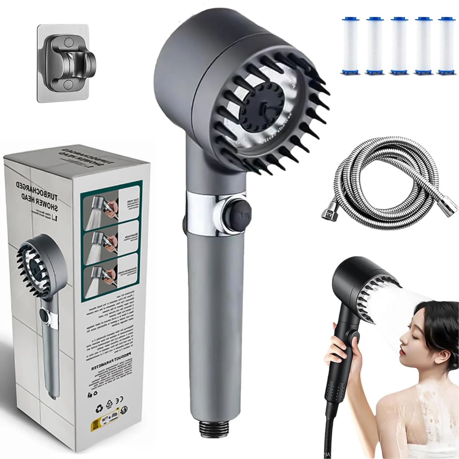 High-Pressure Shower Head | Chlorine-Removal & Water-Softening Filter Cartridge | Convenient One-Touch Water Shut-Off Design | 4 Massage Modes Massage Shower, Ideal for Ensuring Comfortable Baths, Purifying Bath Water, Pet Bathing, Cleaning Corners & Tubs
