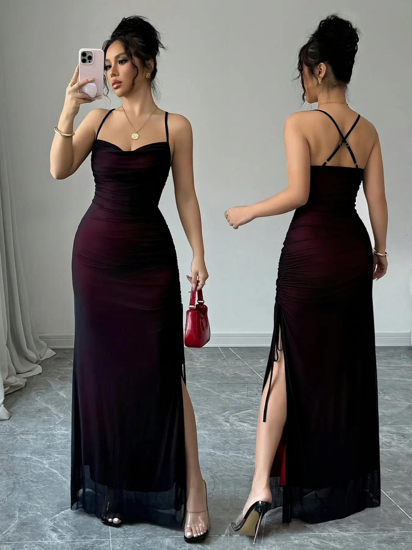 Women's Mesh Patchwork Cross Back Spaghetti Strap Sleeveless Maxi Long Dress, Spring Summer New, Bodycon Party Gown Formal Evening Date Night Dress, Sexy Fit Style, Perfect for Formal Dates, Evening and Sister Gatherings, Womenswear