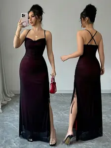 Women's Mesh Patchwork Cross Back Spaghetti Strap Sleeveless Maxi Long Dress, Spring Summer New, Sexy Fit Style, Perfect for Formal Dates, Evening and Sister Gatherings, Womenswear