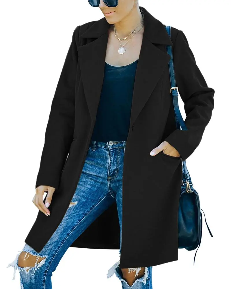 Women's Elegant Wool Blend Pea Coat - Chic Long Sleeve Midi Overcoat with Notched Lapel for Business Casual Outdoor Wear, Outwear, Pockets, Minimalist, Basic, Outdoors, Loose Fit