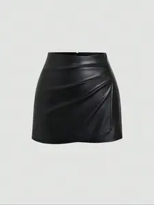 Women's Vintage American Style Sexy Tight Short Skirt, Pure Leather Bodycon Skirt, Fashion Versatile Ruched Split Hem Skirt