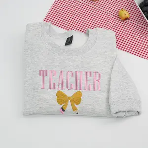 Teacher Embroidered Sweatshirt | Cute Bow Pencil Crewneck Pullover | Back to School Teacher Gift