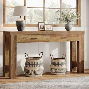 Tribesigns 63" Console Table with 2 Drawers, Farmhouse Wood Entryway Table with H-Shaped Sturdy Legs for Hallway, Living Room, Bedroom, Brown Practical Storage Robust Construction