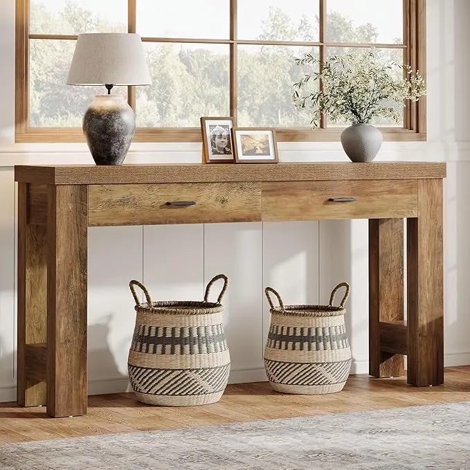 Tribesigns 63" Console Table with 2 Drawers, Farmhouse Wood Entryway Table with H-Shaped Sturdy Legs for Hallway, Living Room, Bedroom, Brown Practical Storage Robust Construction