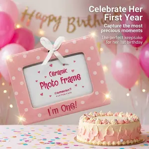Ceramic 1st Birthday Photo Frame, Pink Polka Dot Baby Girl Picture Frame with White Bow, My First Year Memory Keepsake, Fits 4x6 Inch Photos, Nursery Decor Gift