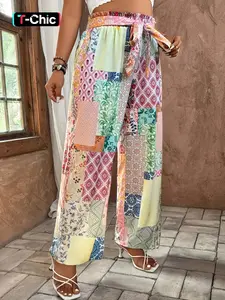 Women's Bohemian Patchwork Print Tie Waist Wide Leg Pants, Casual Comfy Trousers for Daily Wear, Ladies Bottoms for All Seasons