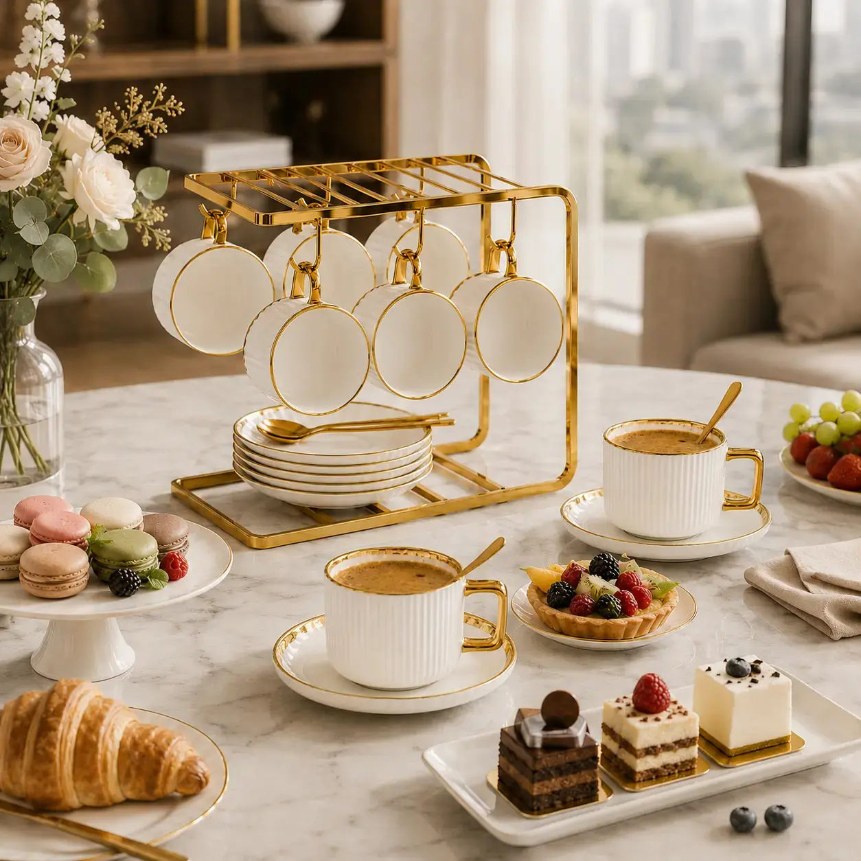 Ceramic-Electroplated Jian Zhan Coffee Cup and Saucer Set with Plain Surface, Includes Storage Rack, Modern Home Decor, Elegant Organizer for Coffee & Tea Enthusiasts