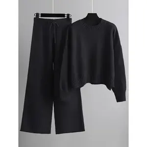 Women's Basic 2-Piece Casual Knitwear Set - Comfortable Long Sleeves Top & Wide-Leg Pants, Solid Color Polyester Everyday Sports Clothing, Cozy Crew Neck Apparel